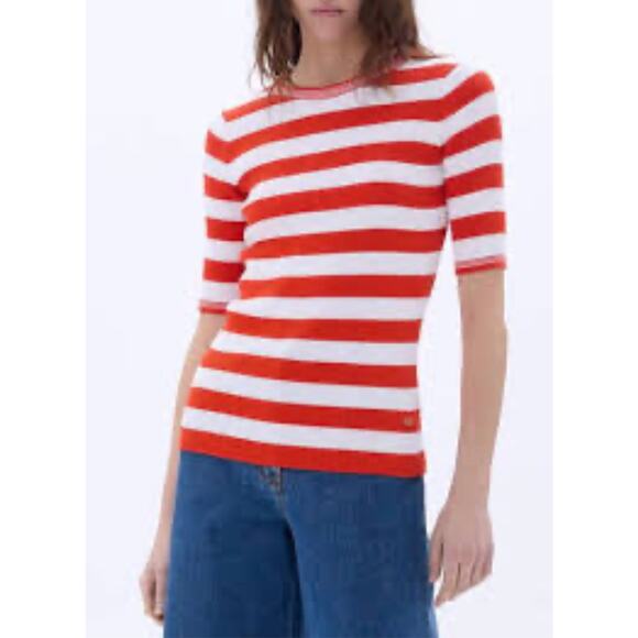 Sonia Rykiel Sweaters - Sonia Rykiel Short Sleeve Stripe Sweater in Tangerine and White Stripe S